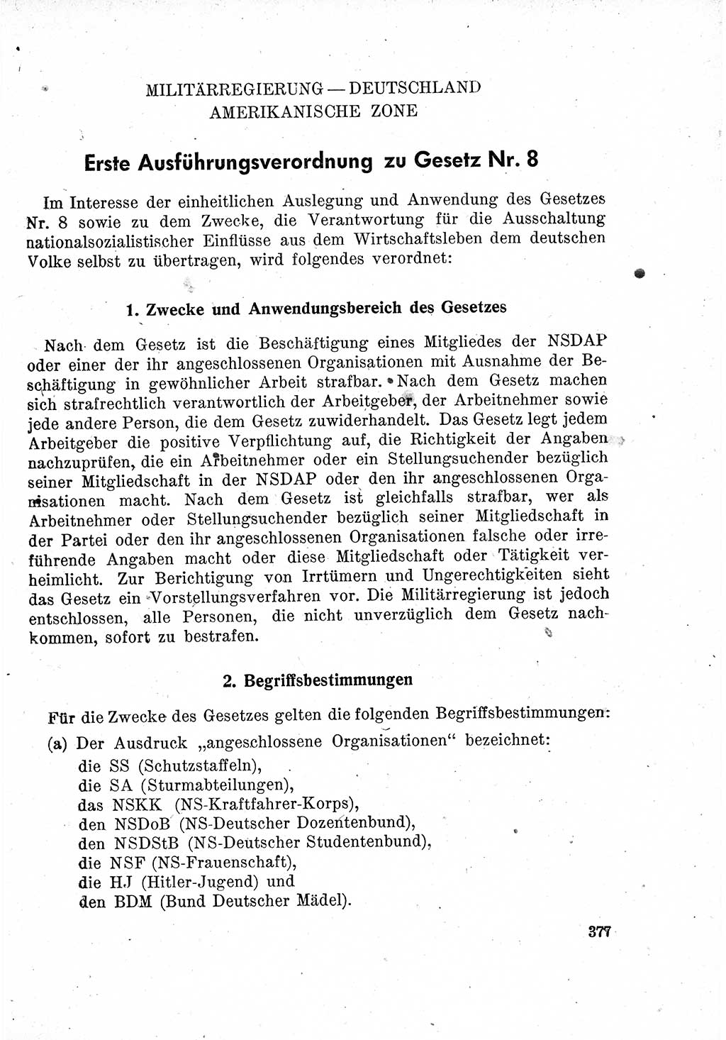 Das Recht der Besatzungsmacht (Deutschland), Proklamationen, Deklerationen, Verordnungen, Gesetze und Bekanntmachungen 1947, Seite 377 (R. Bes. Dtl. 1947, S. 377)