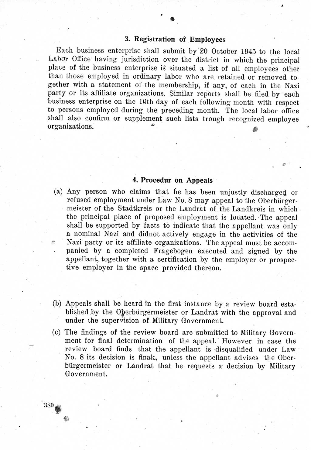 Das Recht der Besatzungsmacht (Deutschland), Proklamationen, Deklerationen, Verordnungen, Gesetze und Bekanntmachungen 1947, Seite 380 (R. Bes. Dtl. 1947, S. 380)