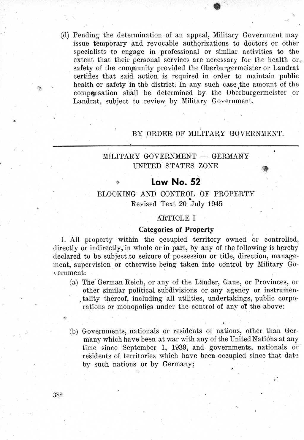 Das Recht der Besatzungsmacht (Deutschland), Proklamationen, Deklerationen, Verordnungen, Gesetze und Bekanntmachungen 1947, Seite 382 (R. Bes. Dtl. 1947, S. 382)