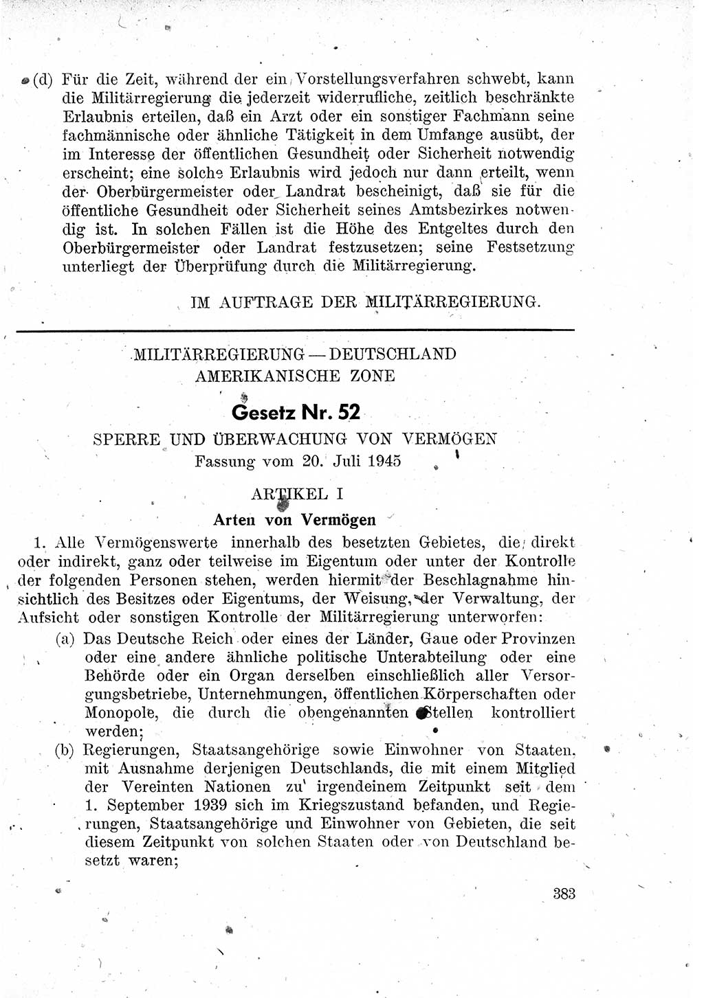 Das Recht der Besatzungsmacht (Deutschland), Proklamationen, Deklerationen, Verordnungen, Gesetze und Bekanntmachungen 1947, Seite 383 (R. Bes. Dtl. 1947, S. 383)