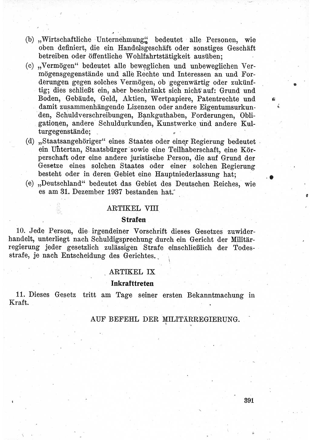 Das Recht der Besatzungsmacht (Deutschland), Proklamationen, Deklerationen, Verordnungen, Gesetze und Bekanntmachungen 1947, Seite 391 (R. Bes. Dtl. 1947, S. 391)