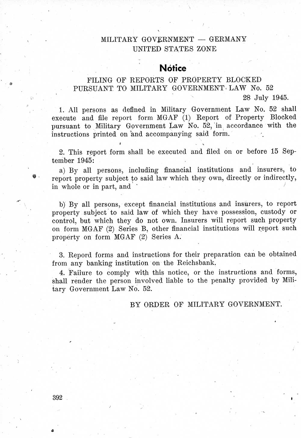 Das Recht der Besatzungsmacht (Deutschland), Proklamationen, Deklerationen, Verordnungen, Gesetze und Bekanntmachungen 1947, Seite 392 (R. Bes. Dtl. 1947, S. 392)