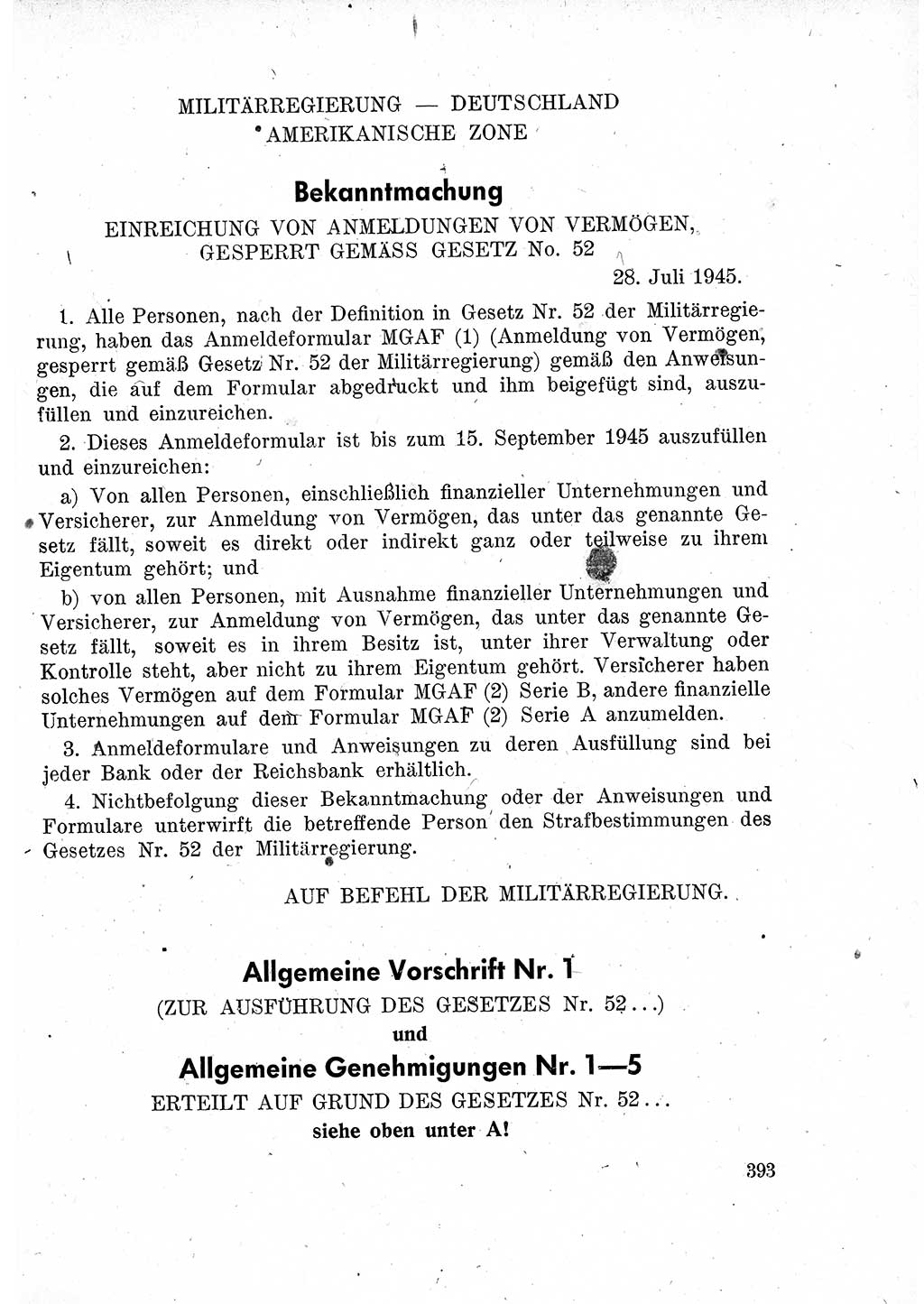 Das Recht der Besatzungsmacht (Deutschland), Proklamationen, Deklerationen, Verordnungen, Gesetze und Bekanntmachungen 1947, Seite 393 (R. Bes. Dtl. 1947, S. 393)