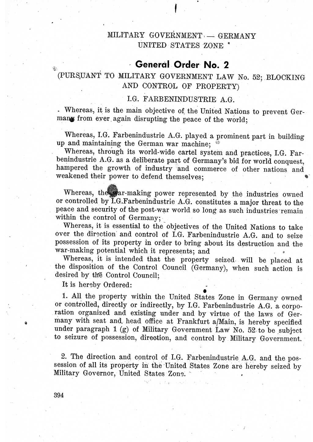 Das Recht der Besatzungsmacht (Deutschland), Proklamationen, Deklerationen, Verordnungen, Gesetze und Bekanntmachungen 1947, Seite 394 (R. Bes. Dtl. 1947, S. 394)