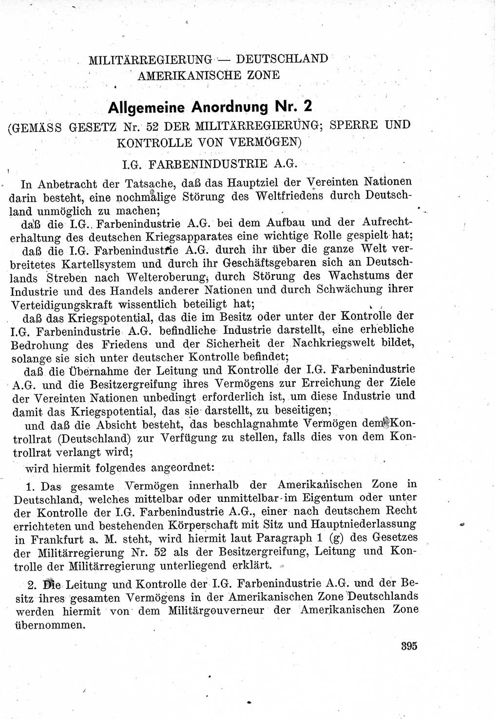 Das Recht der Besatzungsmacht (Deutschland), Proklamationen, Deklerationen, Verordnungen, Gesetze und Bekanntmachungen 1947, Seite 395 (R. Bes. Dtl. 1947, S. 395)