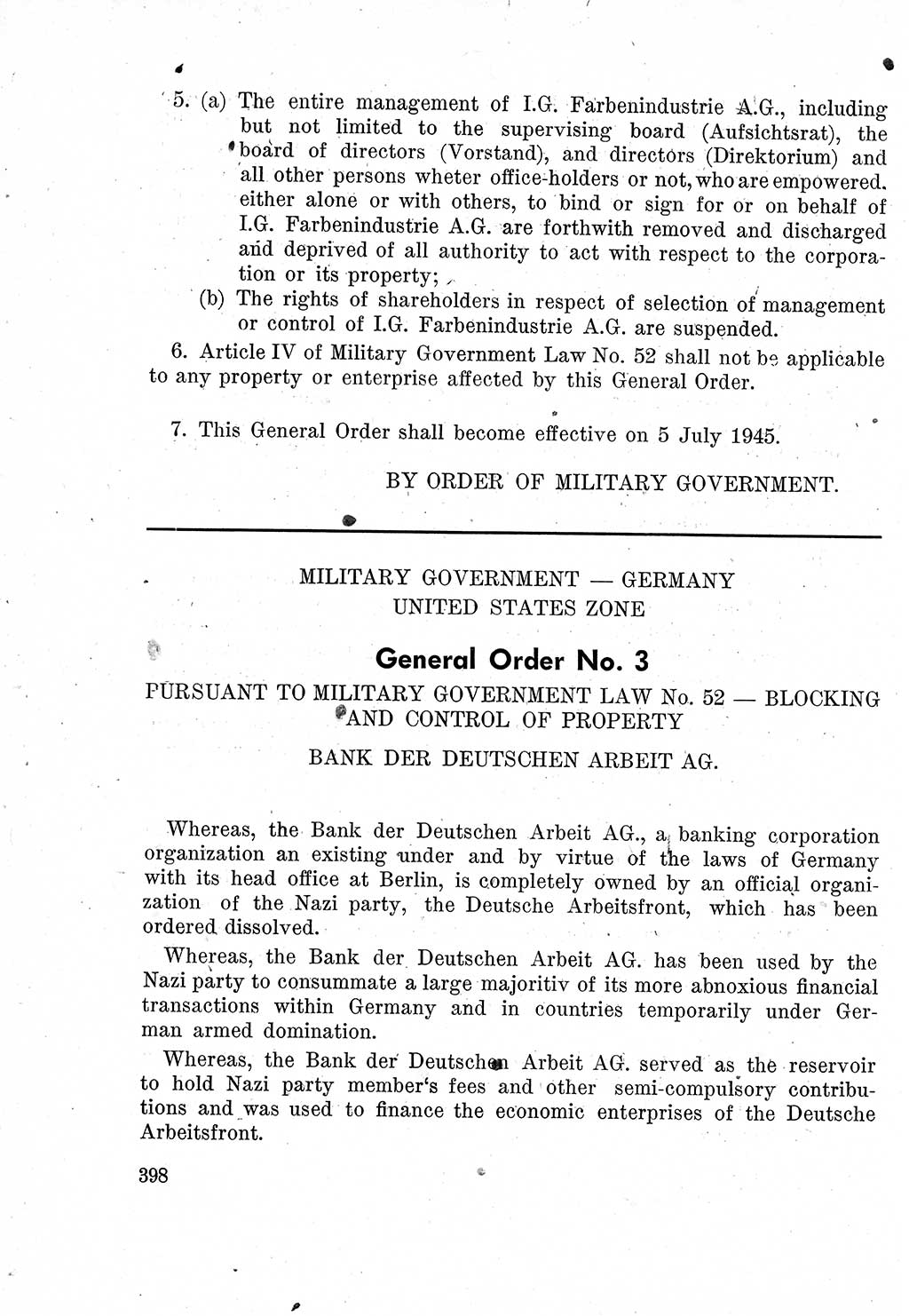 Das Recht der Besatzungsmacht (Deutschland), Proklamationen, Deklerationen, Verordnungen, Gesetze und Bekanntmachungen 1947, Seite 398 (R. Bes. Dtl. 1947, S. 398)