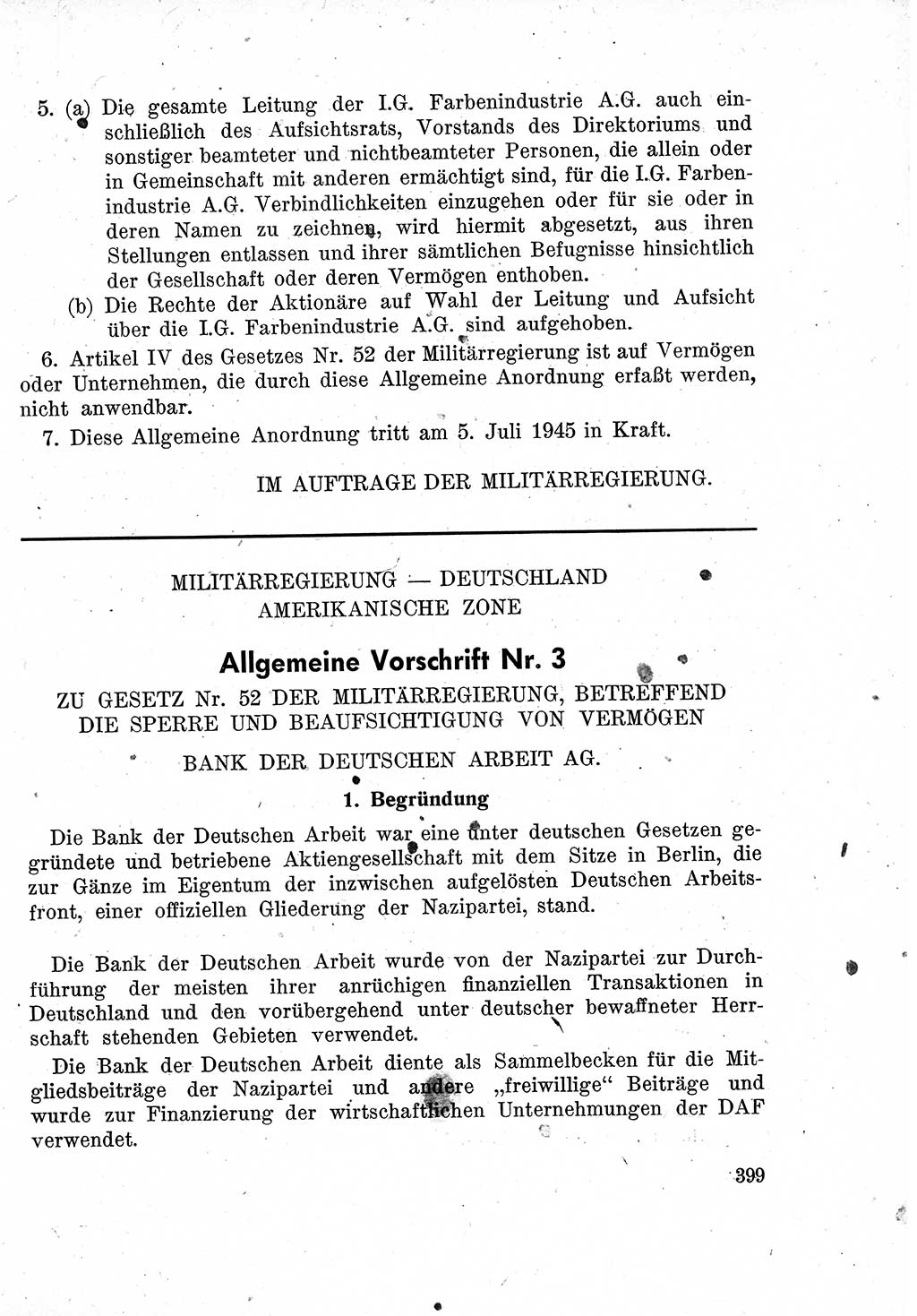 Das Recht der Besatzungsmacht (Deutschland), Proklamationen, Deklerationen, Verordnungen, Gesetze und Bekanntmachungen 1947, Seite 399 (R. Bes. Dtl. 1947, S. 399)