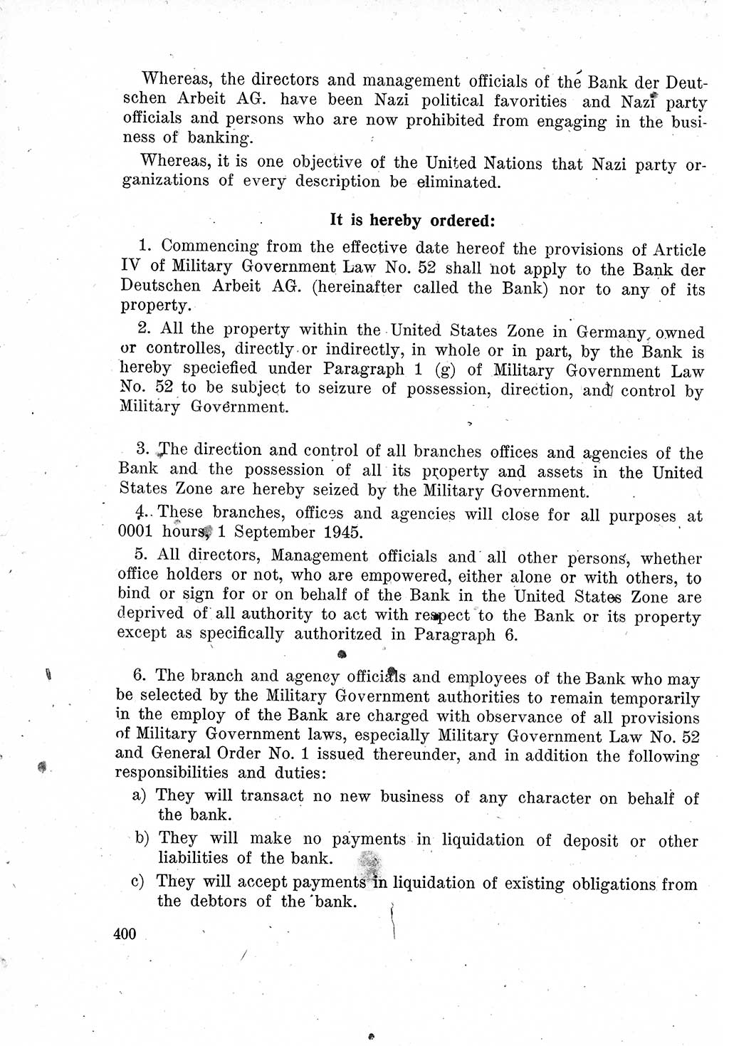 Das Recht der Besatzungsmacht (Deutschland), Proklamationen, Deklerationen, Verordnungen, Gesetze und Bekanntmachungen 1947, Seite 400 (R. Bes. Dtl. 1947, S. 400)