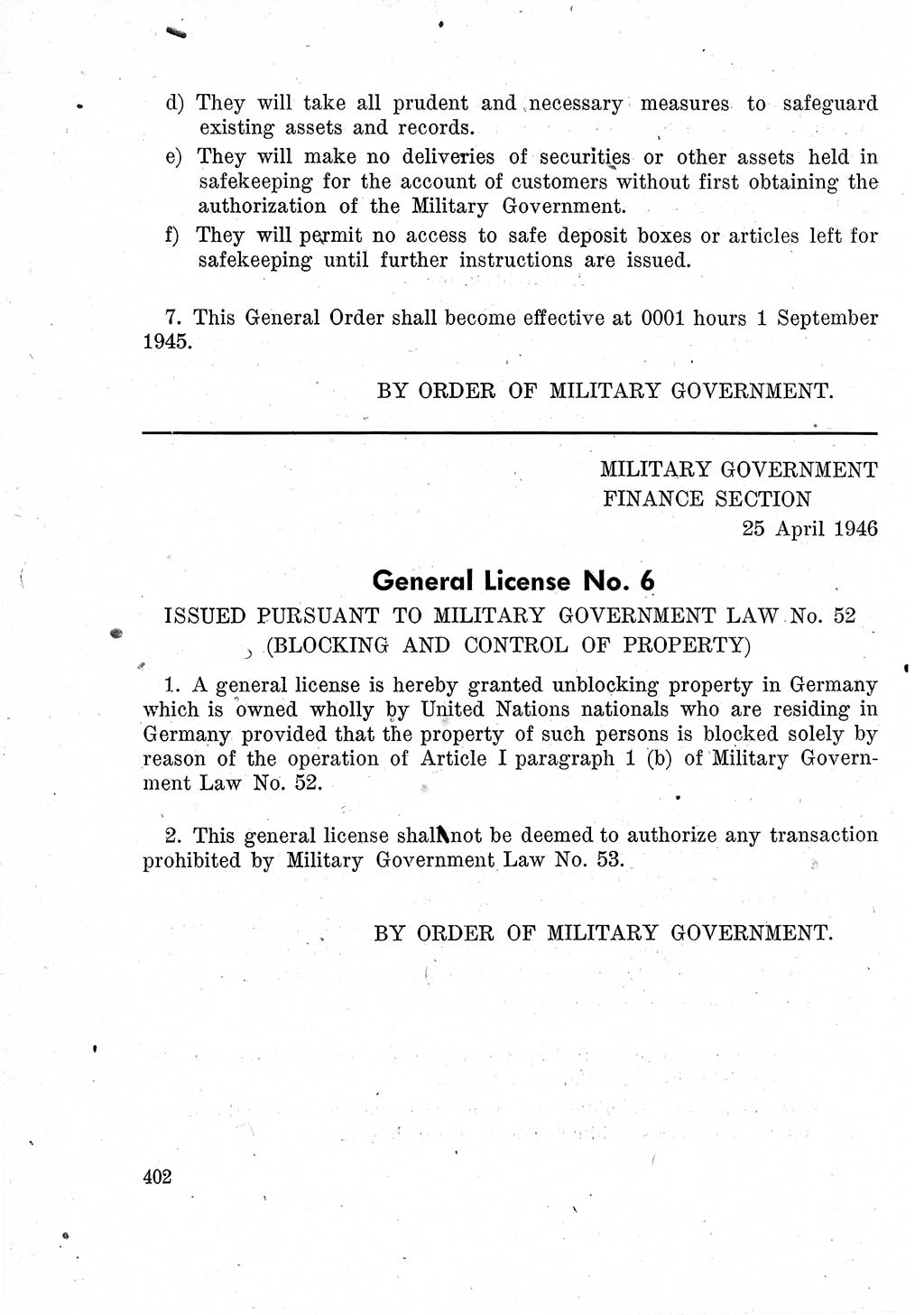 Das Recht der Besatzungsmacht (Deutschland), Proklamationen, Deklerationen, Verordnungen, Gesetze und Bekanntmachungen 1947, Seite 402 (R. Bes. Dtl. 1947, S. 402)