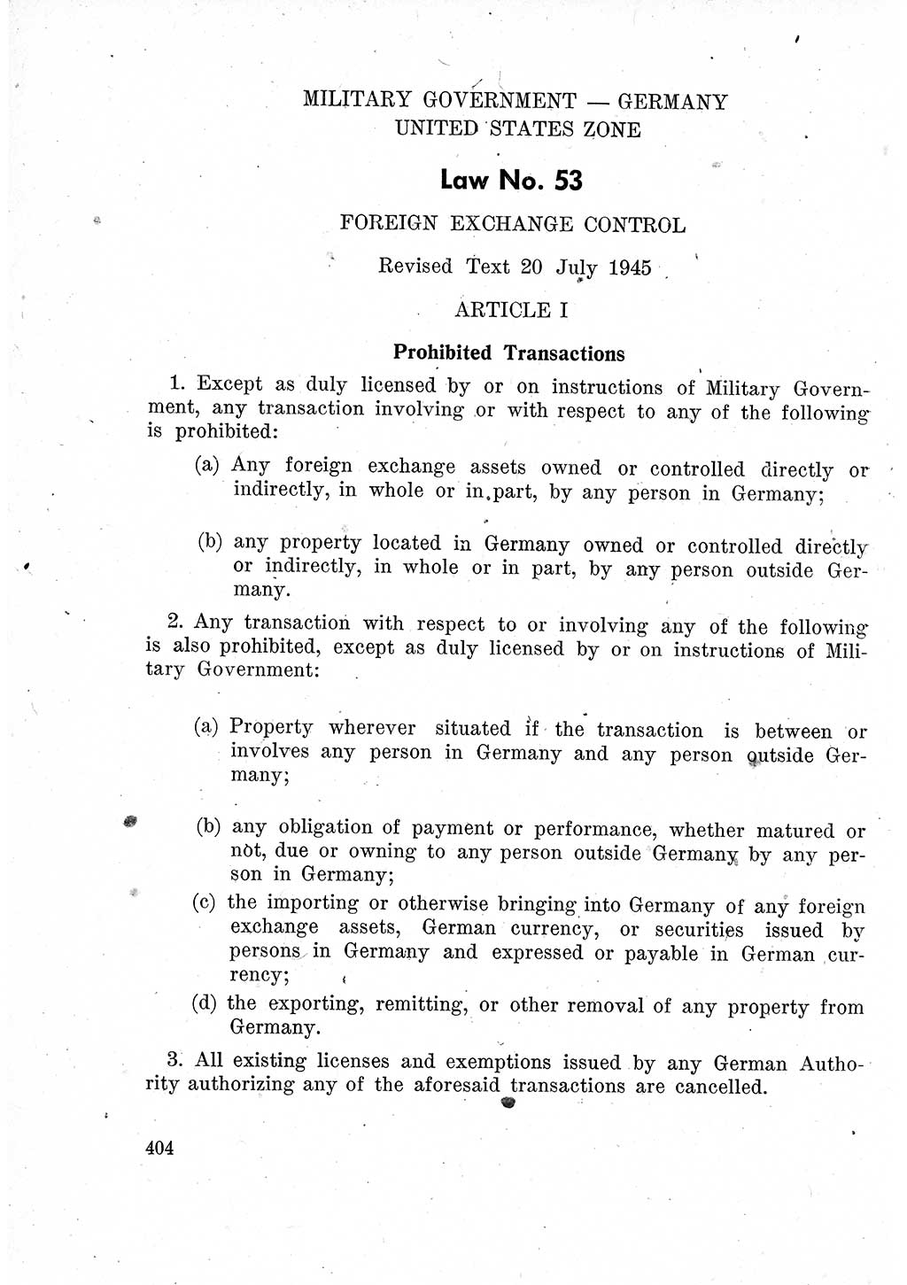 Das Recht der Besatzungsmacht (Deutschland), Proklamationen, Deklerationen, Verordnungen, Gesetze und Bekanntmachungen 1947, Seite 404 (R. Bes. Dtl. 1947, S. 404)