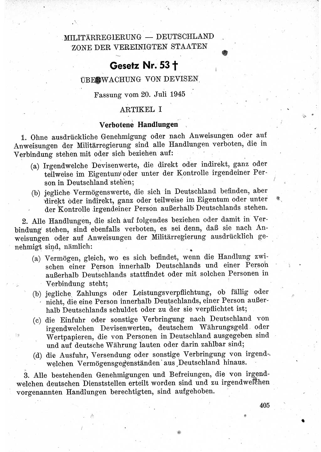 Das Recht der Besatzungsmacht (Deutschland), Proklamationen, Deklerationen, Verordnungen, Gesetze und Bekanntmachungen 1947, Seite 405 (R. Bes. Dtl. 1947, S. 405)