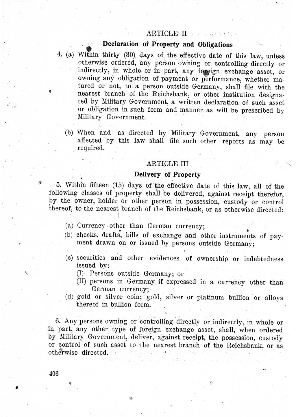 Das Recht der Besatzungsmacht (Deutschland), Proklamationen, Deklerationen, Verordnungen, Gesetze und Bekanntmachungen 1947, Seite 406 (R. Bes. Dtl. 1947, S. 406)