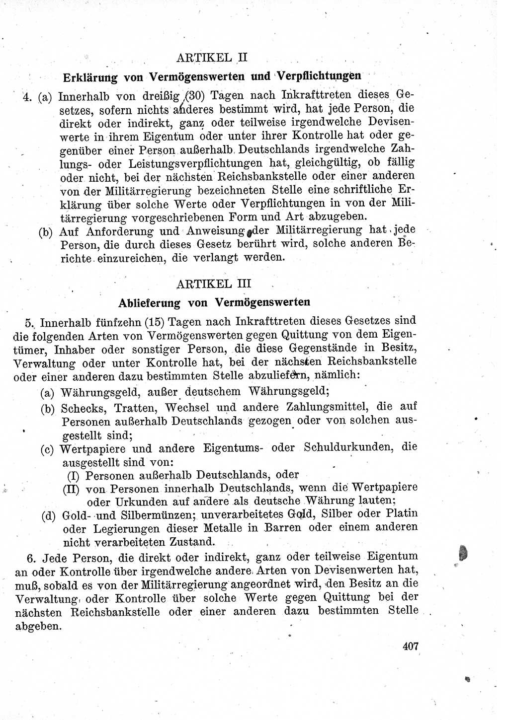 Das Recht der Besatzungsmacht (Deutschland), Proklamationen, Deklerationen, Verordnungen, Gesetze und Bekanntmachungen 1947, Seite 407 (R. Bes. Dtl. 1947, S. 407)