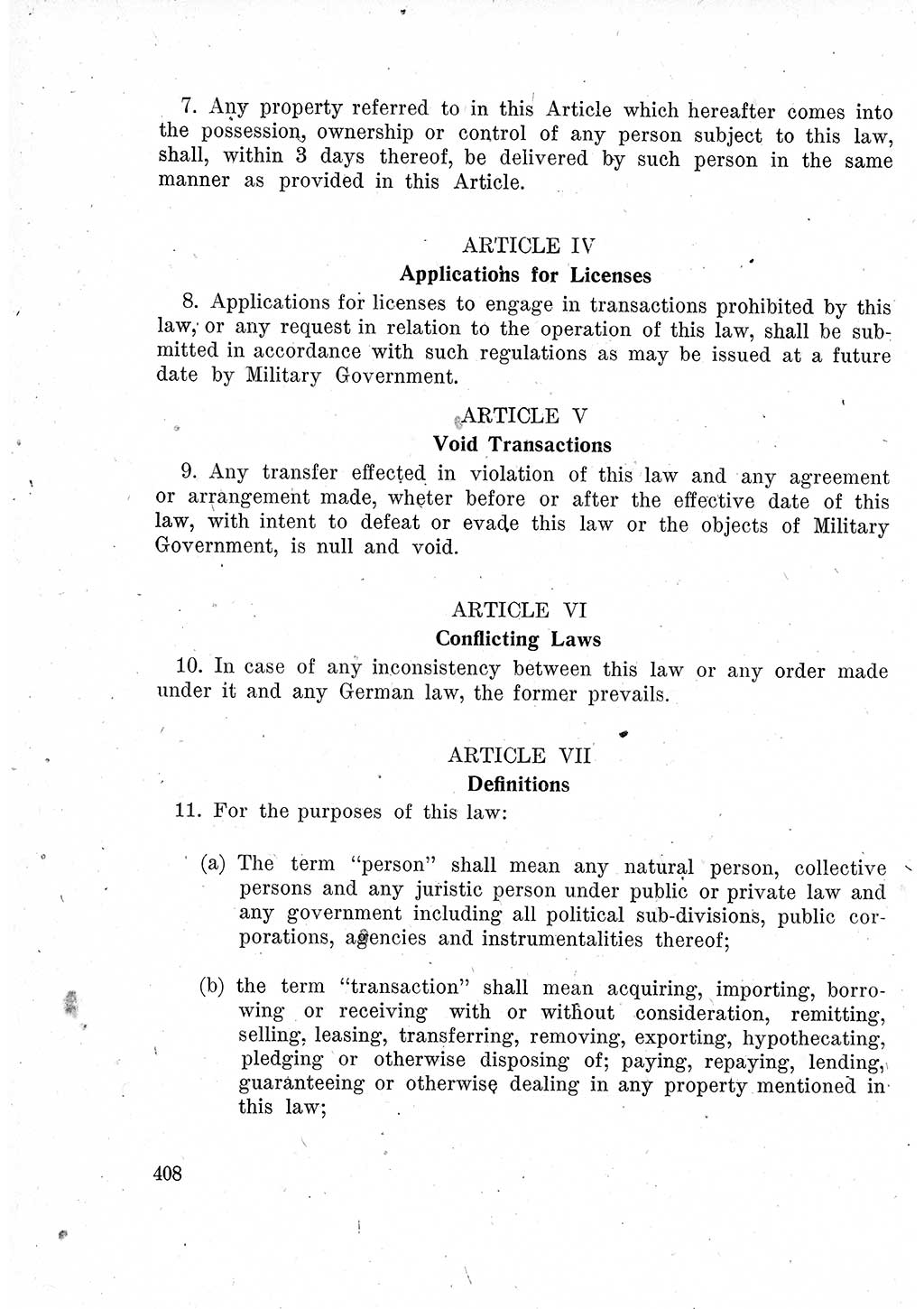 Das Recht der Besatzungsmacht (Deutschland), Proklamationen, Deklerationen, Verordnungen, Gesetze und Bekanntmachungen 1947, Seite 408 (R. Bes. Dtl. 1947, S. 408)