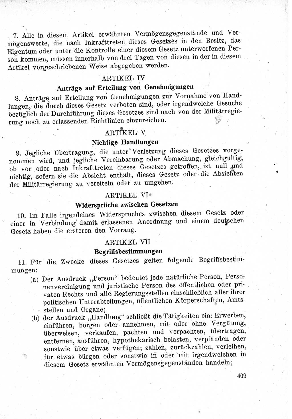 Das Recht der Besatzungsmacht (Deutschland), Proklamationen, Deklerationen, Verordnungen, Gesetze und Bekanntmachungen 1947, Seite 409 (R. Bes. Dtl. 1947, S. 409)