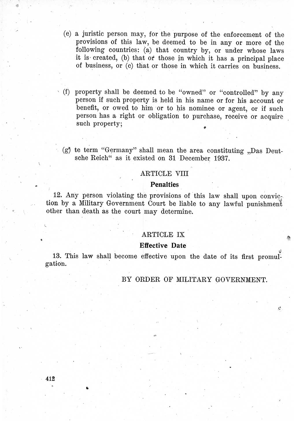 Das Recht der Besatzungsmacht (Deutschland), Proklamationen, Deklerationen, Verordnungen, Gesetze und Bekanntmachungen 1947, Seite 412 (R. Bes. Dtl. 1947, S. 412)