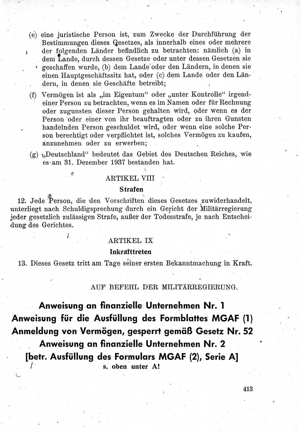 Das Recht der Besatzungsmacht (Deutschland), Proklamationen, Deklerationen, Verordnungen, Gesetze und Bekanntmachungen 1947, Seite 413 (R. Bes. Dtl. 1947, S. 413)