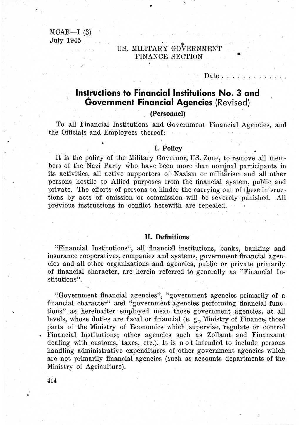 Das Recht der Besatzungsmacht (Deutschland), Proklamationen, Deklerationen, Verordnungen, Gesetze und Bekanntmachungen 1947, Seite 414 (R. Bes. Dtl. 1947, S. 414)