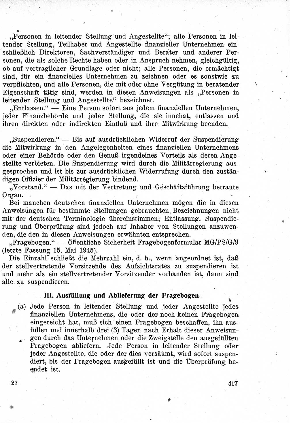Das Recht der Besatzungsmacht (Deutschland), Proklamationen, Deklerationen, Verordnungen, Gesetze und Bekanntmachungen 1947, Seite 417 (R. Bes. Dtl. 1947, S. 417)
