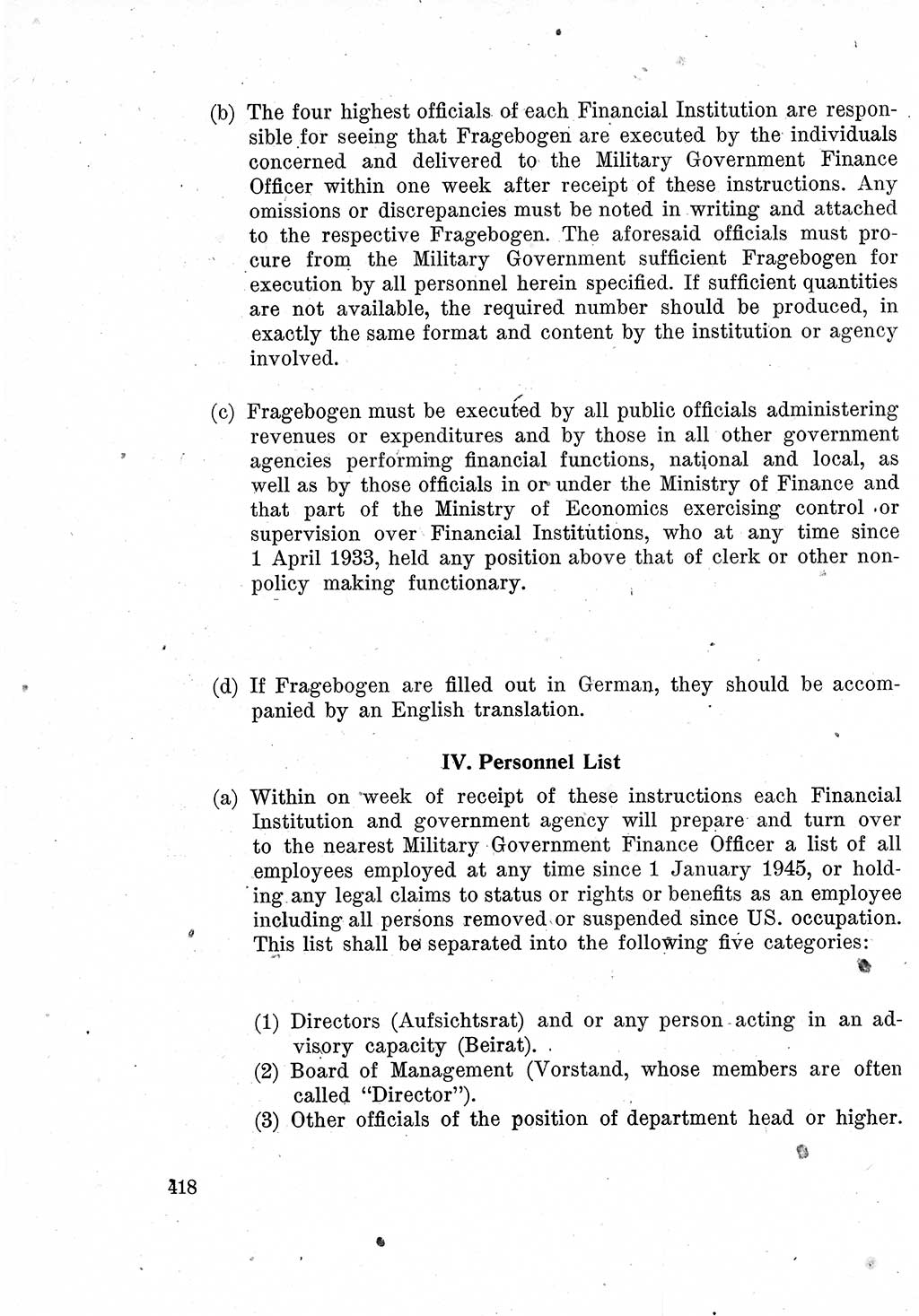 Das Recht der Besatzungsmacht (Deutschland), Proklamationen, Deklerationen, Verordnungen, Gesetze und Bekanntmachungen 1947, Seite 418 (R. Bes. Dtl. 1947, S. 418)