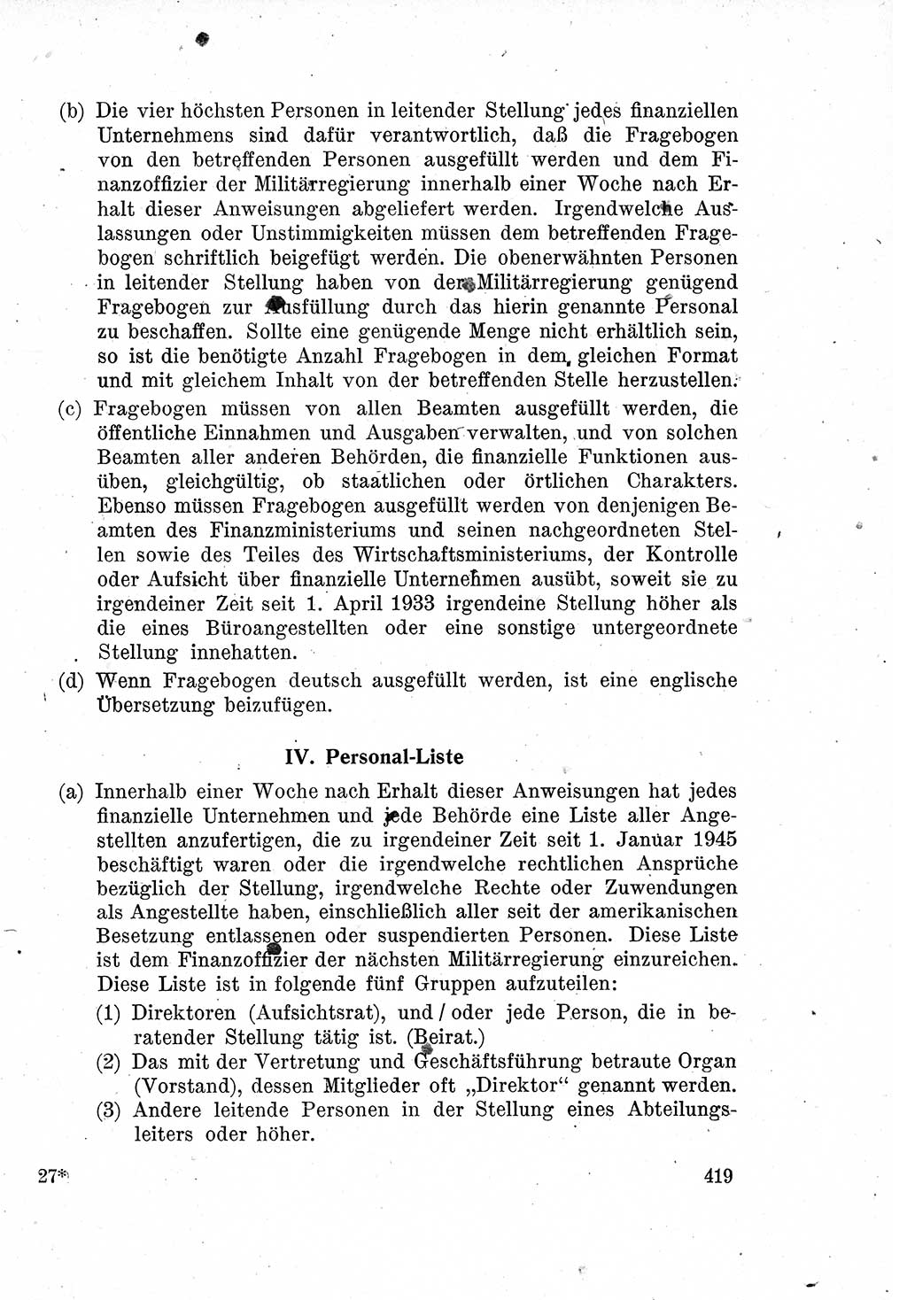 Das Recht der Besatzungsmacht (Deutschland), Proklamationen, Deklerationen, Verordnungen, Gesetze und Bekanntmachungen 1947, Seite 419 (R. Bes. Dtl. 1947, S. 419)