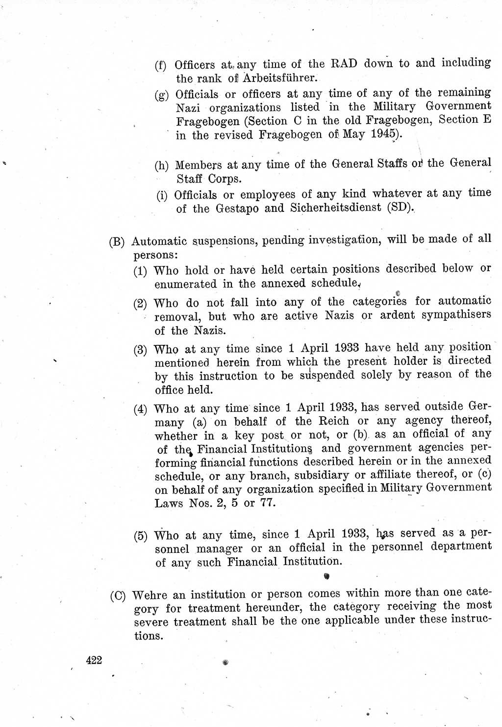 Das Recht der Besatzungsmacht (Deutschland), Proklamationen, Deklerationen, Verordnungen, Gesetze und Bekanntmachungen 1947, Seite 422 (R. Bes. Dtl. 1947, S. 422)