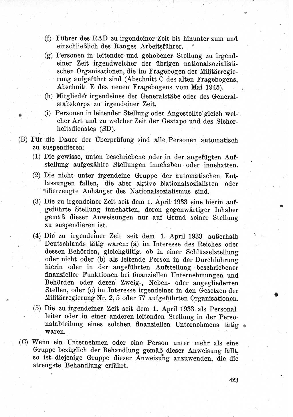 Das Recht der Besatzungsmacht (Deutschland), Proklamationen, Deklerationen, Verordnungen, Gesetze und Bekanntmachungen 1947, Seite 423 (R. Bes. Dtl. 1947, S. 423)