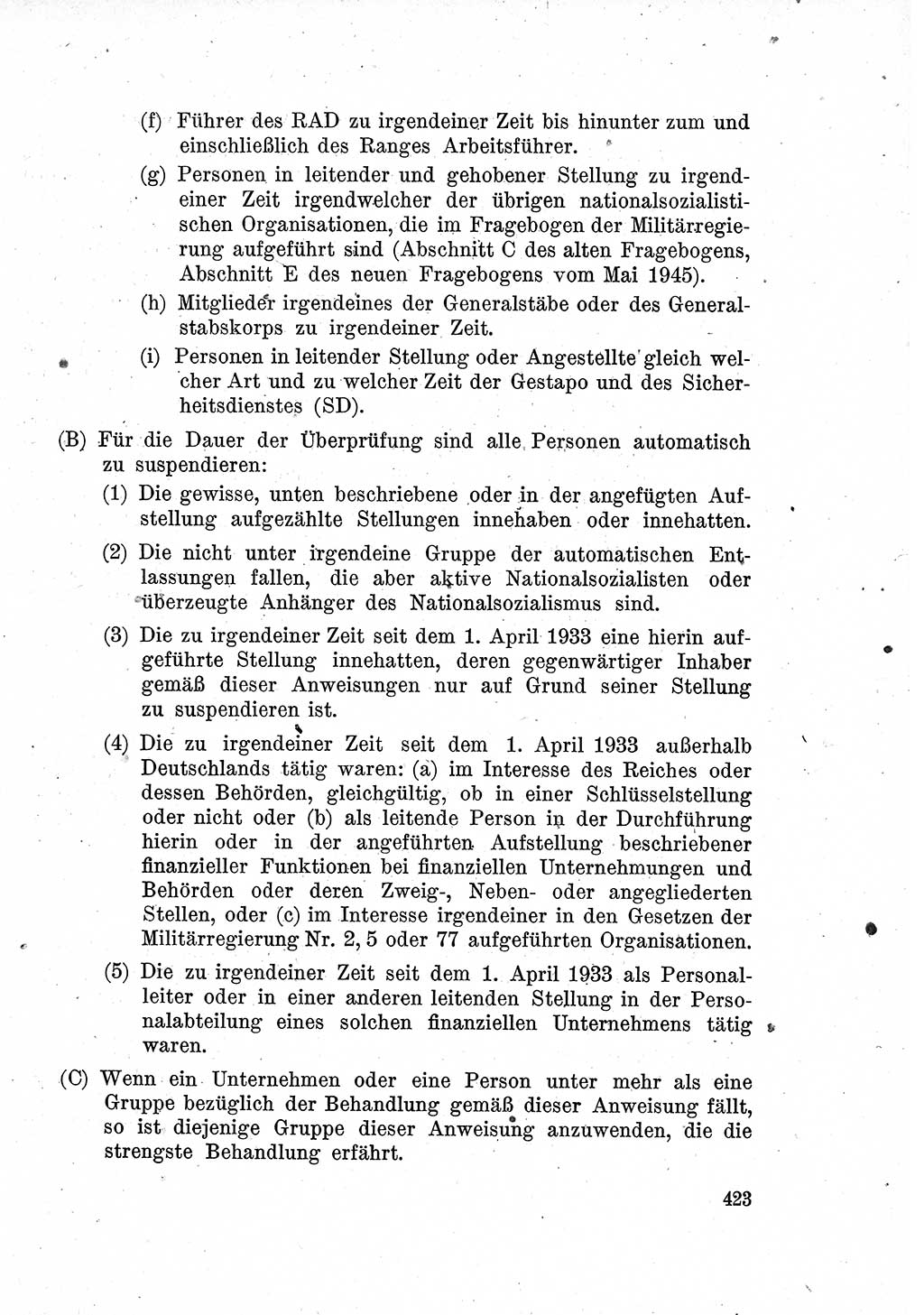 Das Recht der Besatzungsmacht (Deutschland), Proklamationen, Deklerationen, Verordnungen, Gesetze und Bekanntmachungen 1947, Seite 423 (R. Bes. Dtl. 1947, S. 423)