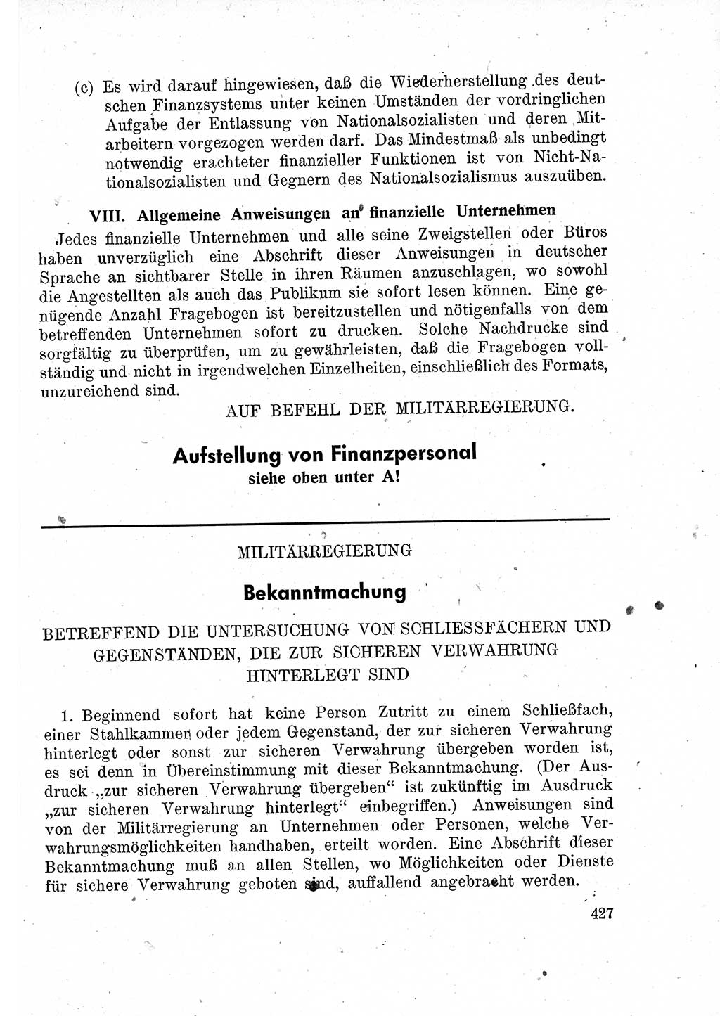 Das Recht der Besatzungsmacht (Deutschland), Proklamationen, Deklerationen, Verordnungen, Gesetze und Bekanntmachungen 1947, Seite 427 (R. Bes. Dtl. 1947, S. 427)