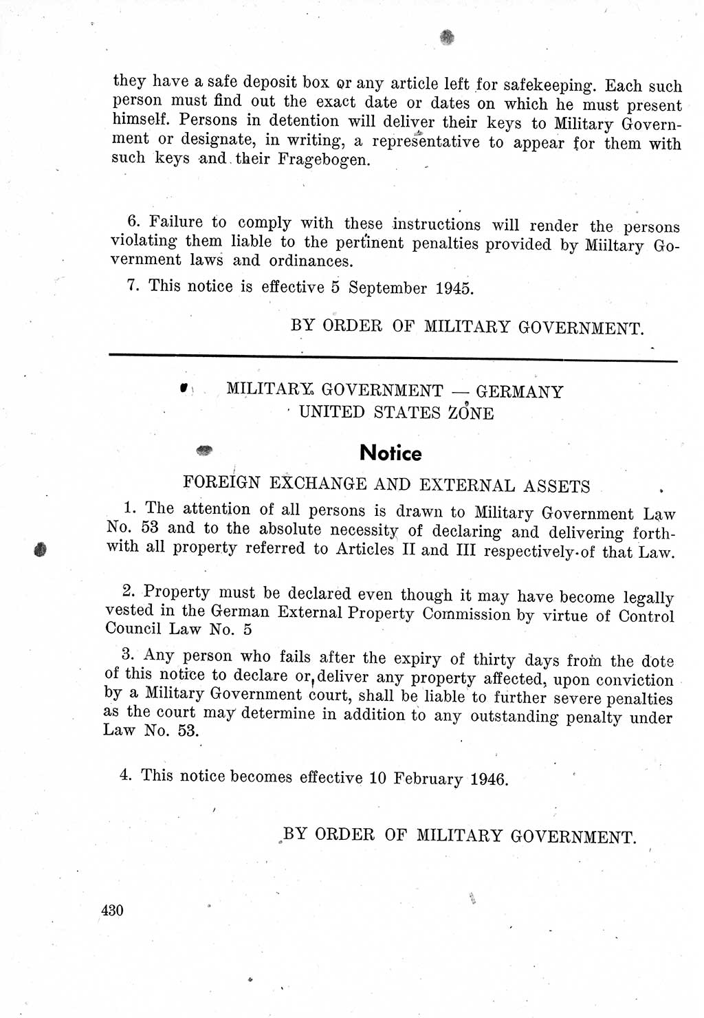 Das Recht der Besatzungsmacht (Deutschland), Proklamationen, Deklerationen, Verordnungen, Gesetze und Bekanntmachungen 1947, Seite 430 (R. Bes. Dtl. 1947, S. 430)