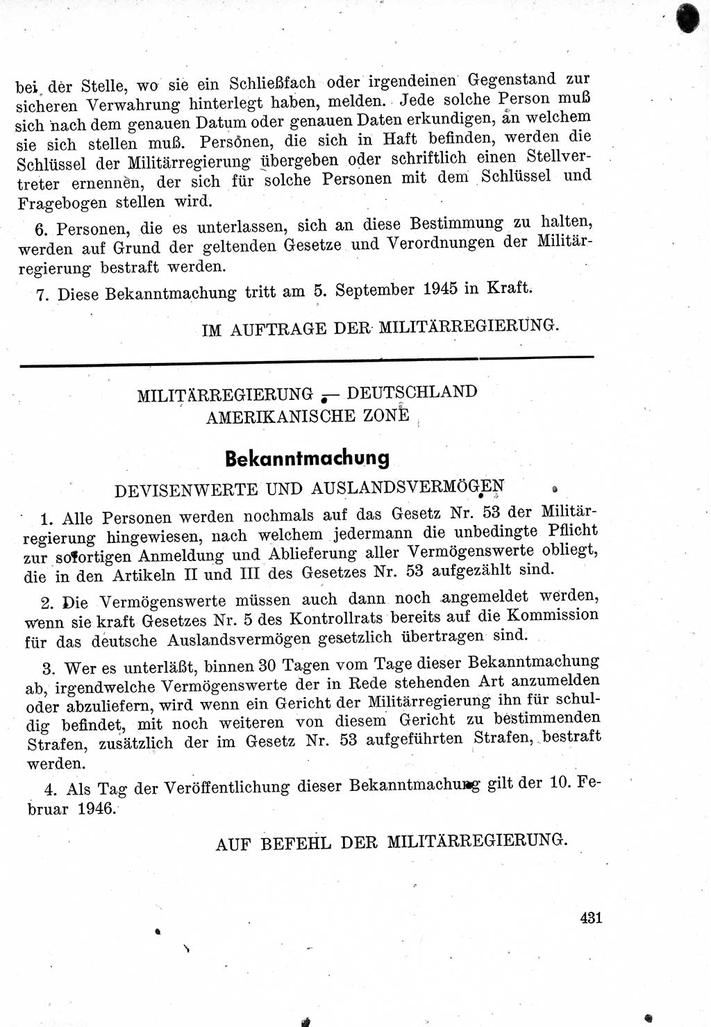 Das Recht der Besatzungsmacht (Deutschland), Proklamationen, Deklerationen, Verordnungen, Gesetze und Bekanntmachungen 1947, Seite 431 (R. Bes. Dtl. 1947, S. 431)