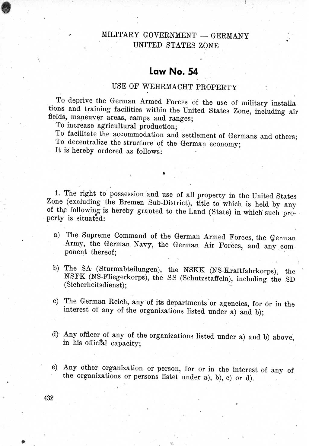 Das Recht der Besatzungsmacht (Deutschland), Proklamationen, Deklerationen, Verordnungen, Gesetze und Bekanntmachungen 1947, Seite 432 (R. Bes. Dtl. 1947, S. 432)