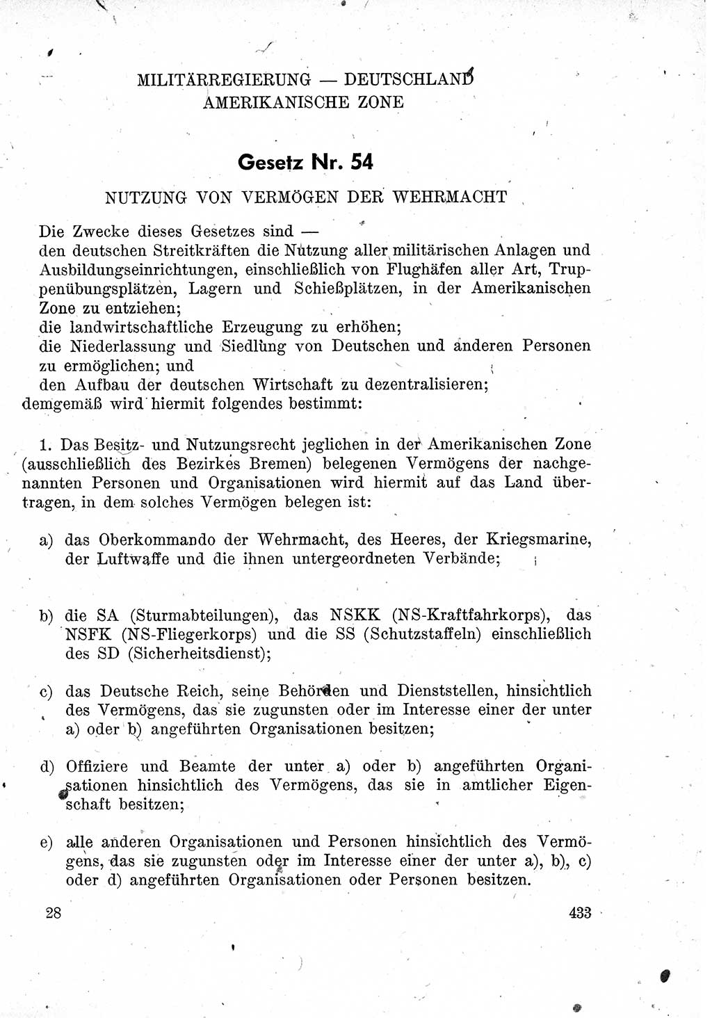 Das Recht der Besatzungsmacht (Deutschland), Proklamationen, Deklerationen, Verordnungen, Gesetze und Bekanntmachungen 1947, Seite 433 (R. Bes. Dtl. 1947, S. 433)