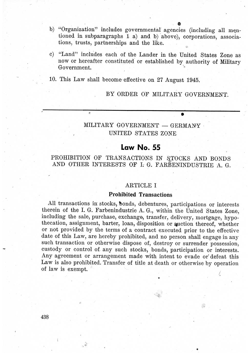 Das Recht der Besatzungsmacht (Deutschland), Proklamationen, Deklerationen, Verordnungen, Gesetze und Bekanntmachungen 1947, Seite 438 (R. Bes. Dtl. 1947, S. 438)