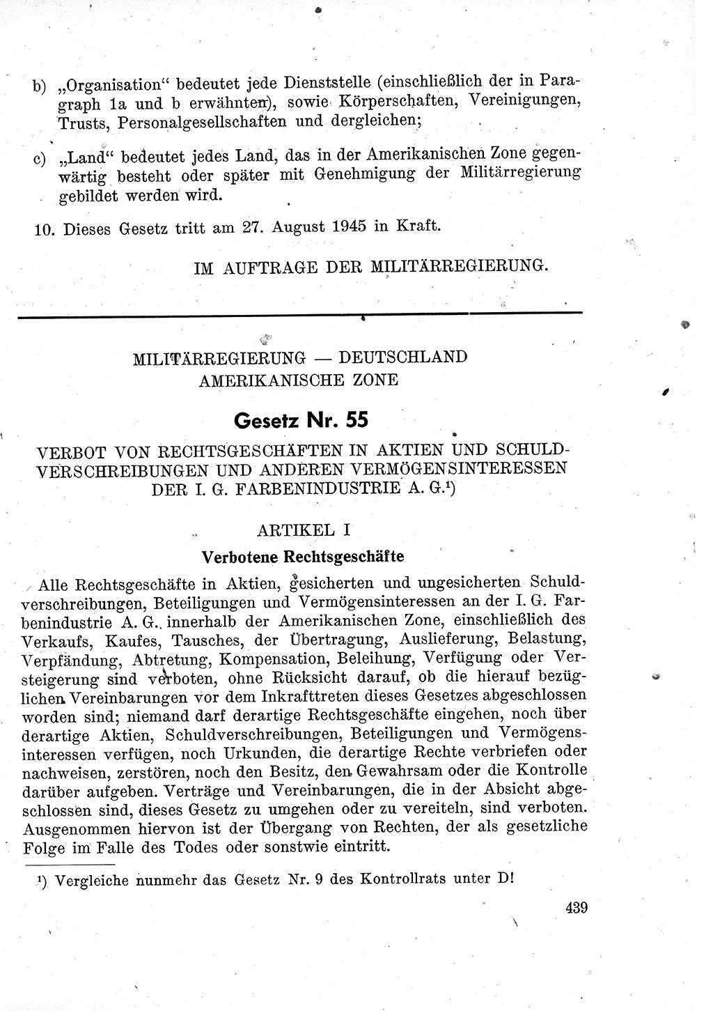 Das Recht der Besatzungsmacht (Deutschland), Proklamationen, Deklerationen, Verordnungen, Gesetze und Bekanntmachungen 1947, Seite 439 (R. Bes. Dtl. 1947, S. 439)
