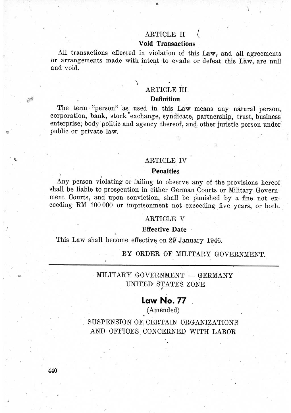 Das Recht der Besatzungsmacht (Deutschland), Proklamationen, Deklerationen, Verordnungen, Gesetze und Bekanntmachungen 1947, Seite 440 (R. Bes. Dtl. 1947, S. 440)