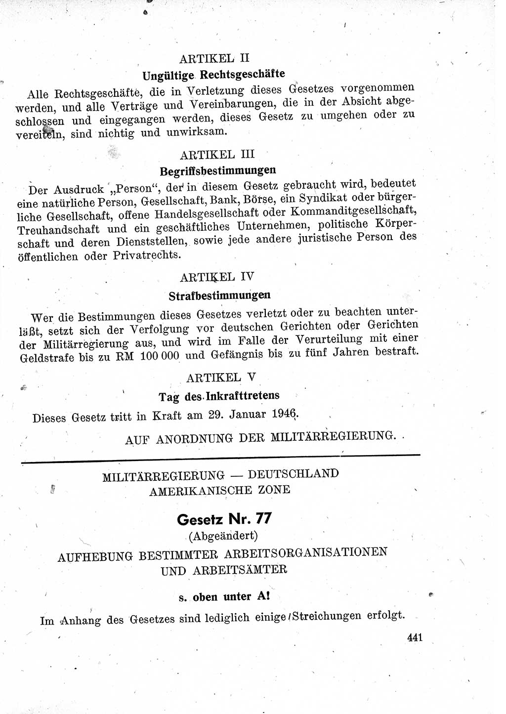 Das Recht der Besatzungsmacht (Deutschland), Proklamationen, Deklerationen, Verordnungen, Gesetze und Bekanntmachungen 1947, Seite 441 (R. Bes. Dtl. 1947, S. 441)