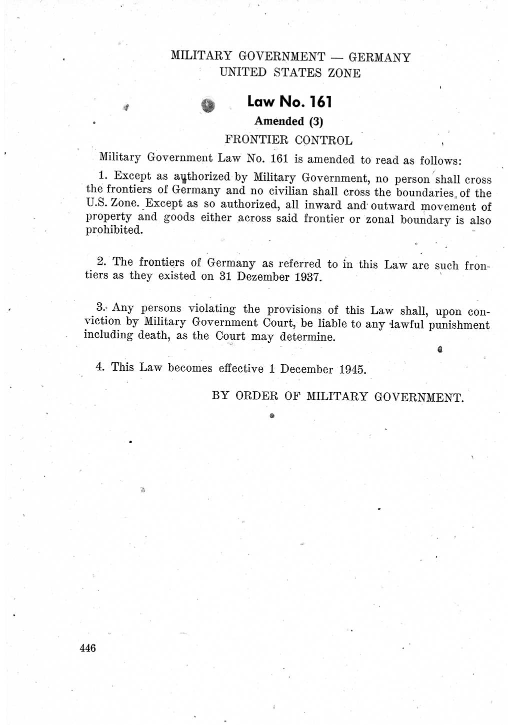 Das Recht der Besatzungsmacht (Deutschland), Proklamationen, Deklerationen, Verordnungen, Gesetze und Bekanntmachungen 1947, Seite 446 (R. Bes. Dtl. 1947, S. 446)