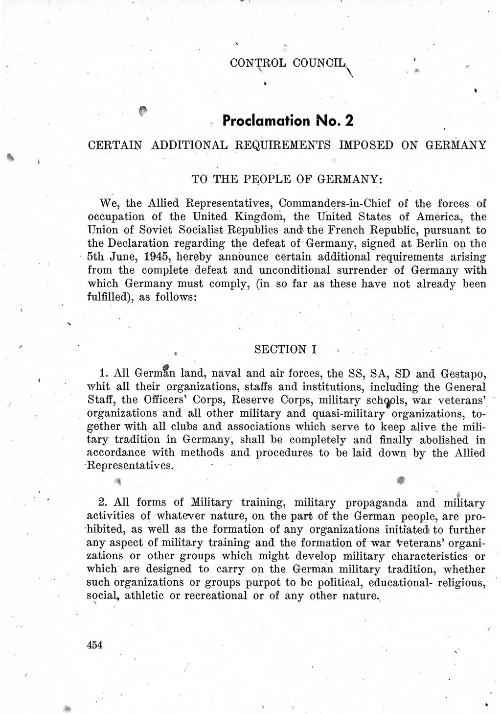 Das Recht der Besatzungsmacht (Deutschland), Proklamationen, Deklerationen, Verordnungen, Gesetze und Bekanntmachungen 1947, Seite 454 (R. Bes. Dtl. 1947, S. 454)