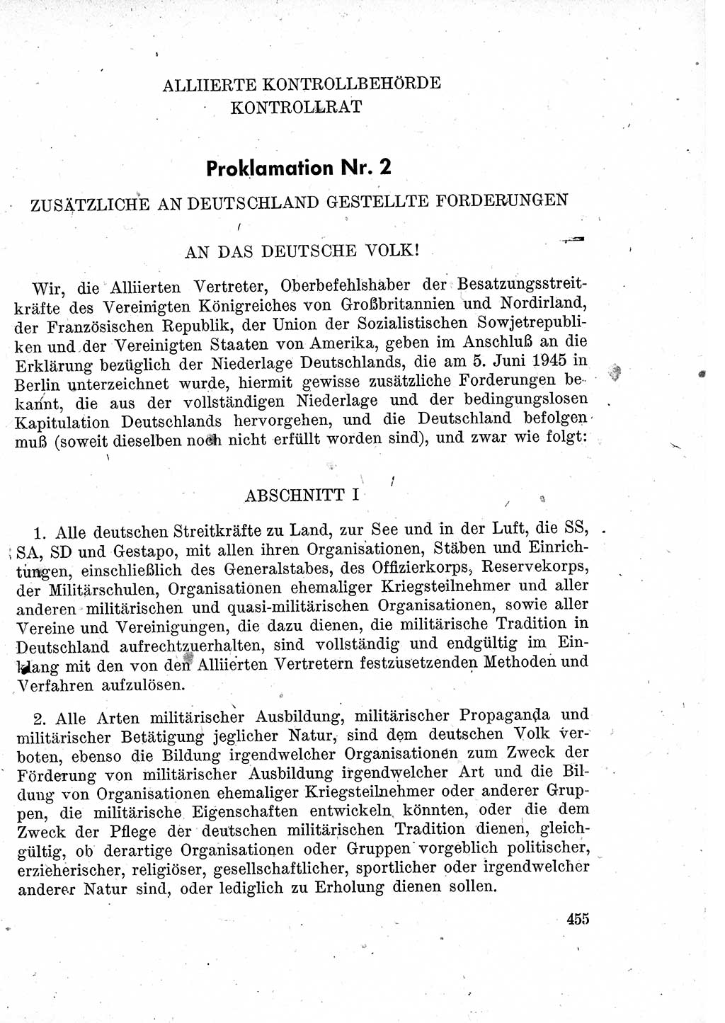 Das Recht der Besatzungsmacht (Deutschland), Proklamationen, Deklerationen, Verordnungen, Gesetze und Bekanntmachungen 1947, Seite 455 (R. Bes. Dtl. 1947, S. 455)