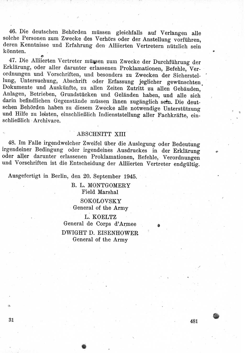 Das Recht der Besatzungsmacht (Deutschland), Proklamationen, Deklerationen, Verordnungen, Gesetze und Bekanntmachungen 1947, Seite 481 (R. Bes. Dtl. 1947, S. 481)