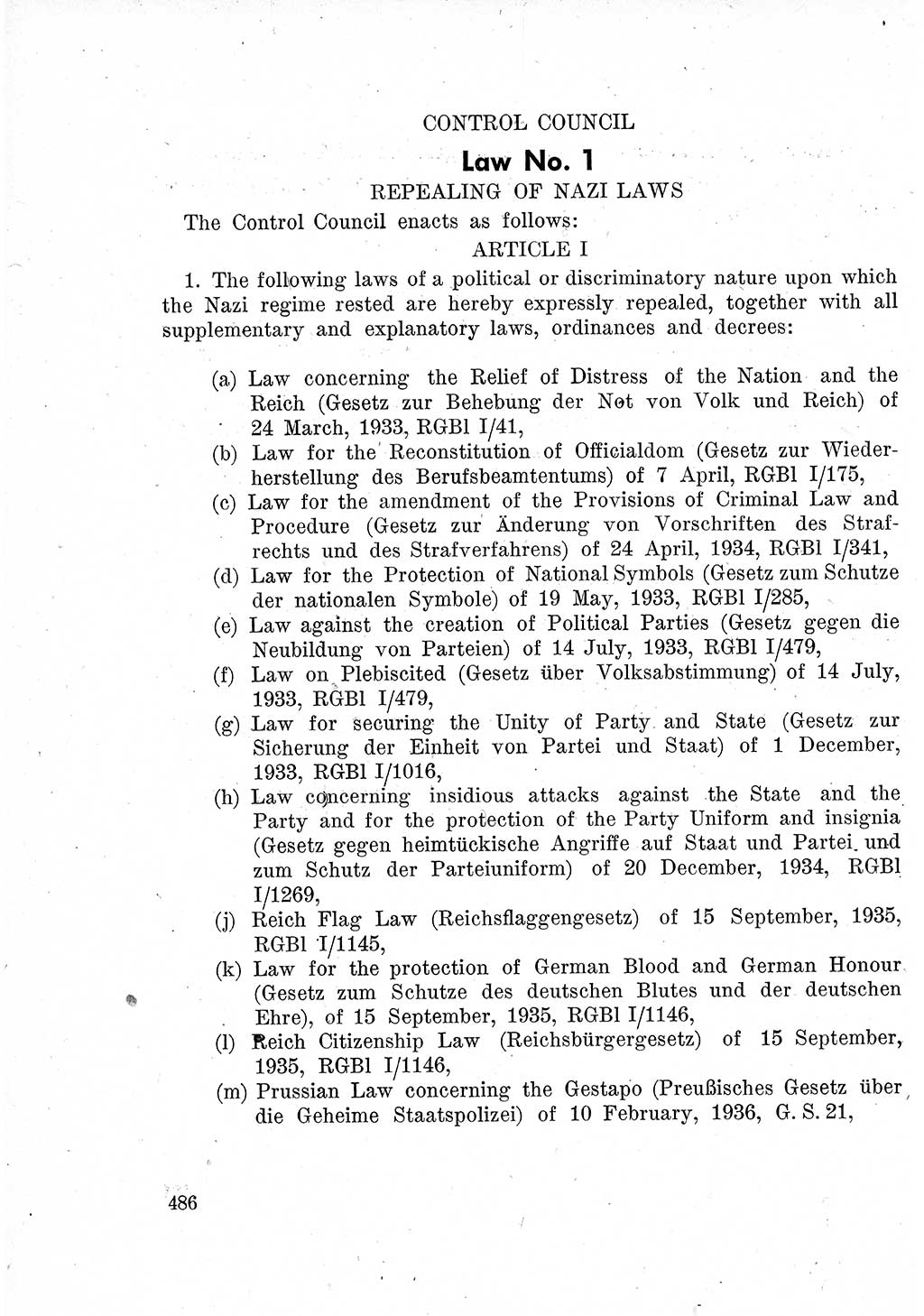 Das Recht der Besatzungsmacht (Deutschland), Proklamationen, Deklerationen, Verordnungen, Gesetze und Bekanntmachungen 1947, Seite 486 (R. Bes. Dtl. 1947, S. 486)