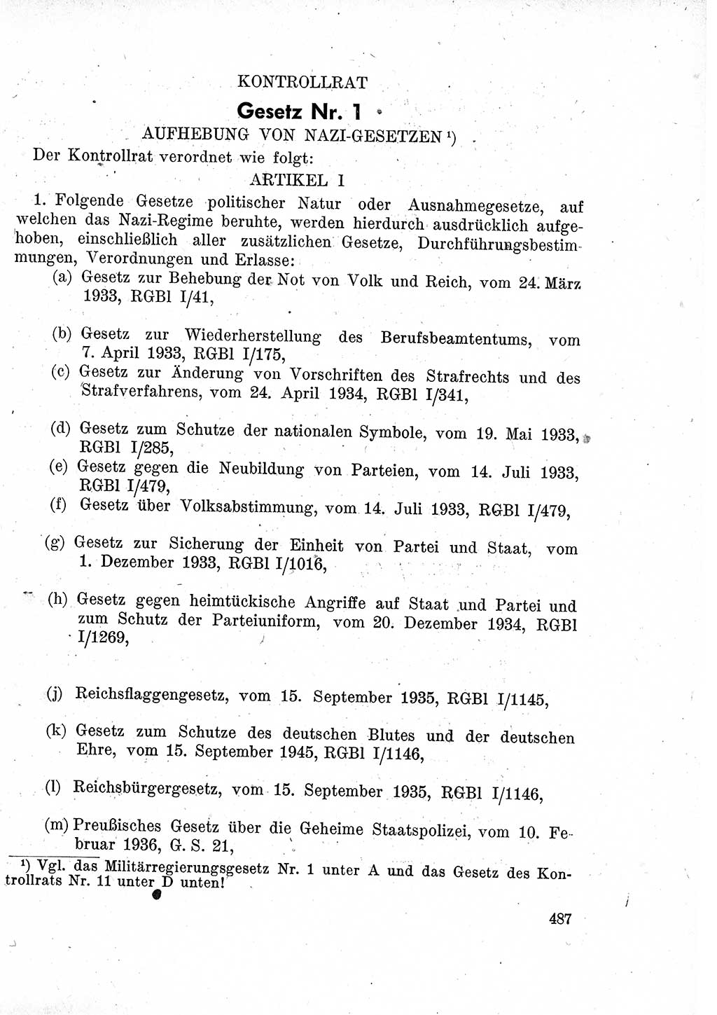 Das Recht der Besatzungsmacht (Deutschland), Proklamationen, Deklerationen, Verordnungen, Gesetze und Bekanntmachungen 1947, Seite 487 (R. Bes. Dtl. 1947, S. 487)