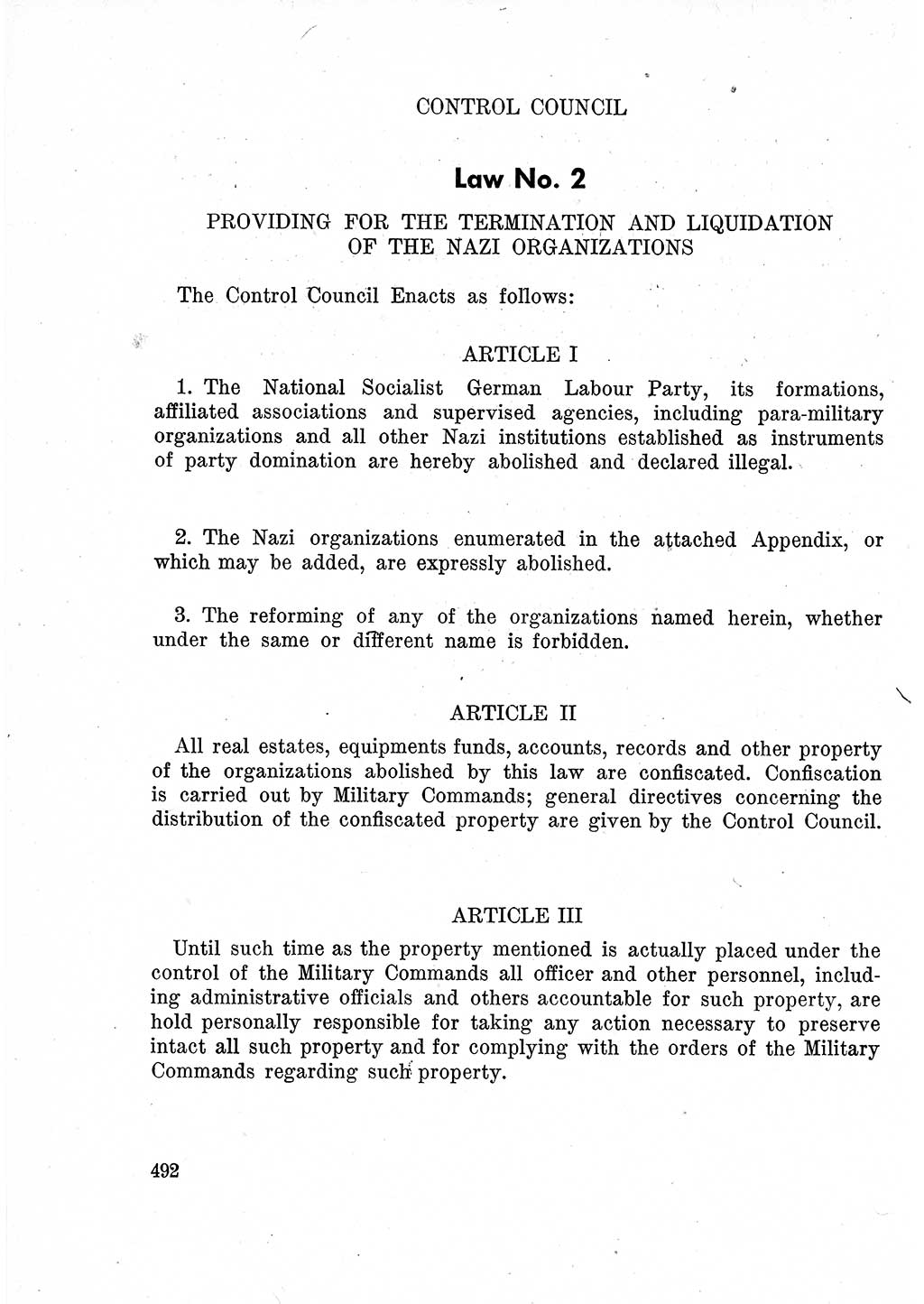 Das Recht der Besatzungsmacht (Deutschland), Proklamationen, Deklerationen, Verordnungen, Gesetze und Bekanntmachungen 1947, Seite 492 (R. Bes. Dtl. 1947, S. 492)