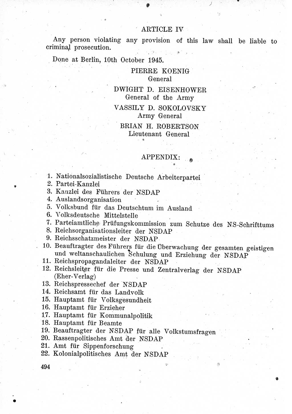 Das Recht der Besatzungsmacht (Deutschland), Proklamationen, Deklerationen, Verordnungen, Gesetze und Bekanntmachungen 1947, Seite 494 (R. Bes. Dtl. 1947, S. 494)