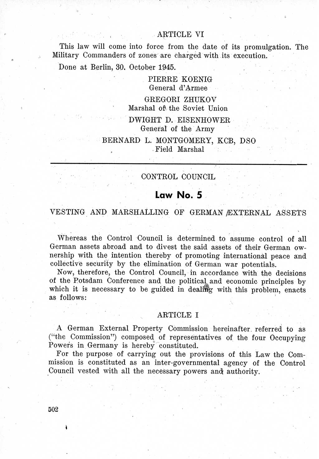 Das Recht der Besatzungsmacht (Deutschland), Proklamationen, Deklerationen, Verordnungen, Gesetze und Bekanntmachungen 1947, Seite 502 (R. Bes. Dtl. 1947, S. 502)
