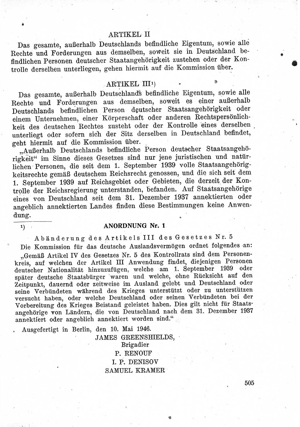 Das Recht der Besatzungsmacht (Deutschland), Proklamationen, Deklerationen, Verordnungen, Gesetze und Bekanntmachungen 1947, Seite 505 (R. Bes. Dtl. 1947, S. 505)