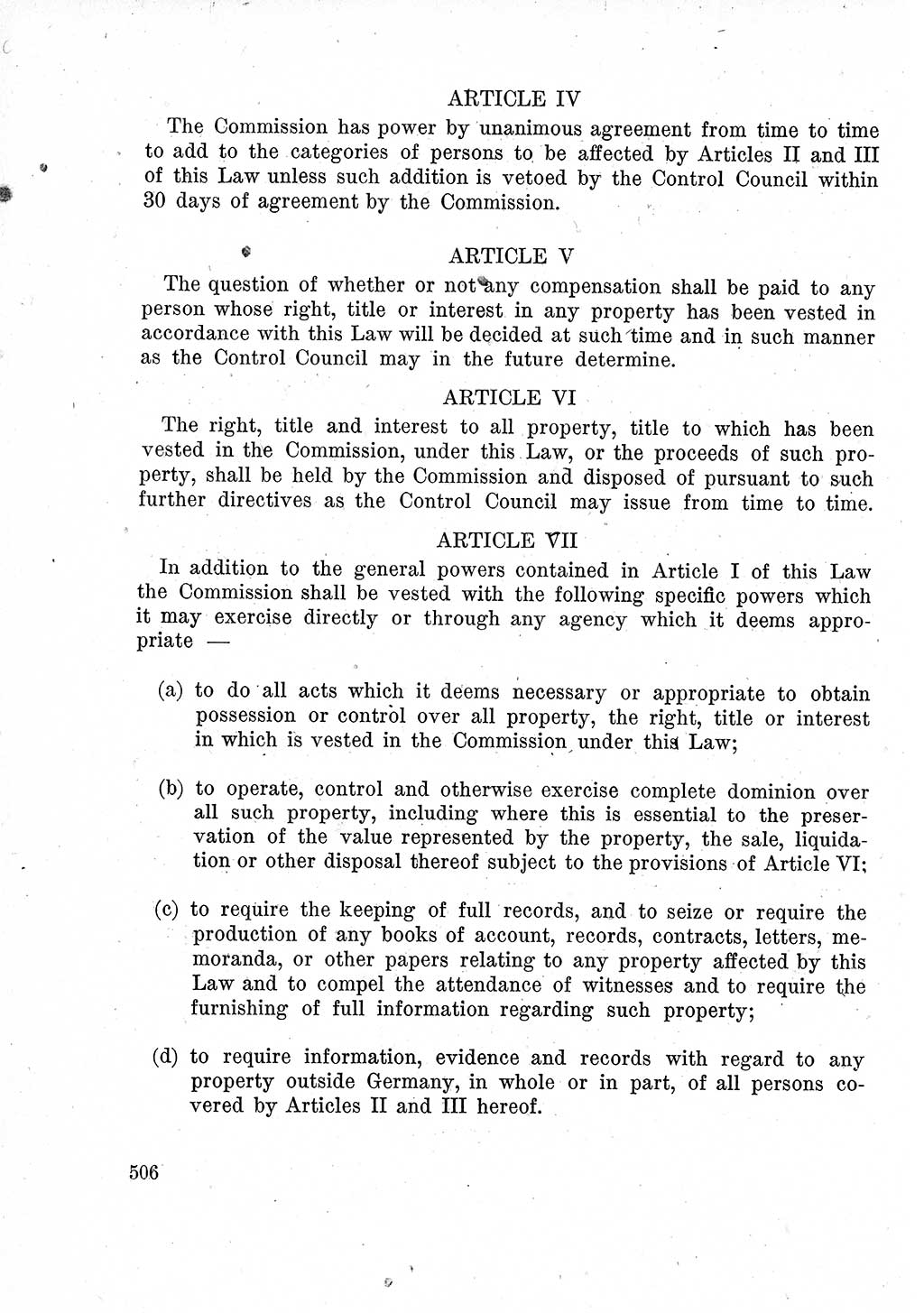 Das Recht der Besatzungsmacht (Deutschland), Proklamationen, Deklerationen, Verordnungen, Gesetze und Bekanntmachungen 1947, Seite 506 (R. Bes. Dtl. 1947, S. 506)