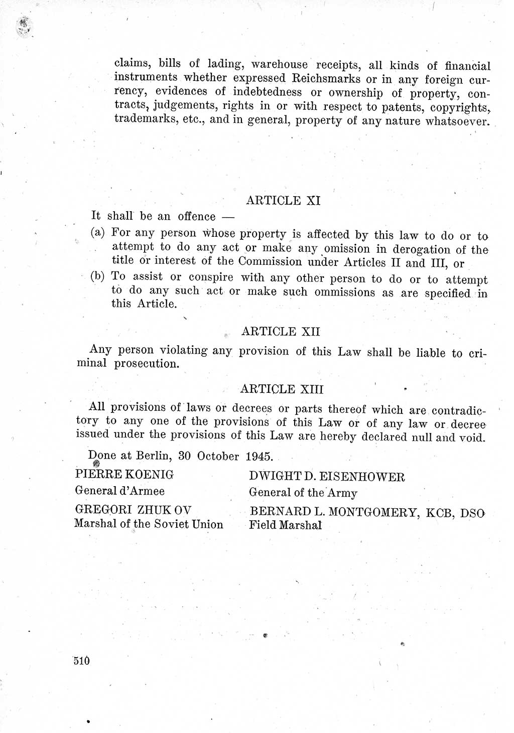 Das Recht der Besatzungsmacht (Deutschland), Proklamationen, Deklerationen, Verordnungen, Gesetze und Bekanntmachungen 1947, Seite 510 (R. Bes. Dtl. 1947, S. 510)
