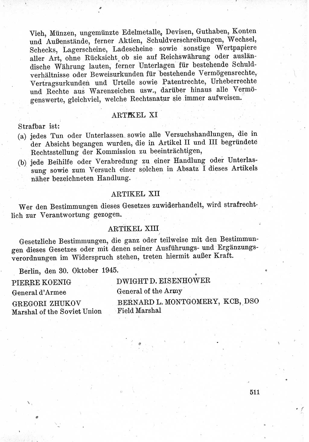 Das Recht der Besatzungsmacht (Deutschland), Proklamationen, Deklerationen, Verordnungen, Gesetze und Bekanntmachungen 1947, Seite 511 (R. Bes. Dtl. 1947, S. 511)